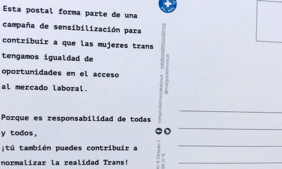 Revers de la postal contra la discriminació laboral de les transsexuals