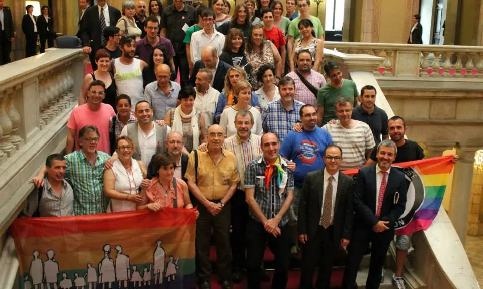 La Plataforma d’entitats  LGTBI al Parlament el dia 17 de juliol de 2013, en què es va donar llum verda a la Llei contra la LGTBfòbia 