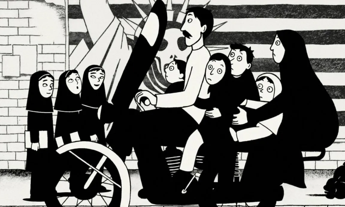 Il·lustració del còmic 'Persèpolis' on apareix una família iraniana de 6 membres damunt d'una moto.