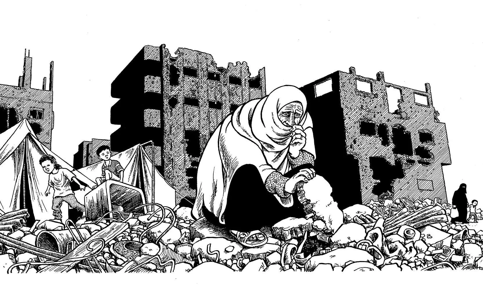 Il·lustració de Joe Sacco sobre el conflicte palestí on es veu una una dona i dos infants enmig de les runes d'una ciutat bombardejada.