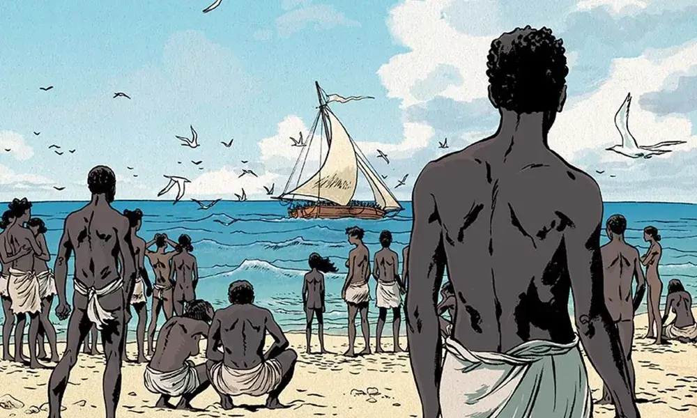 Els esclaus de Tromelin mirant al mar com un vaixell s'apropa, esperant que els rescatin.