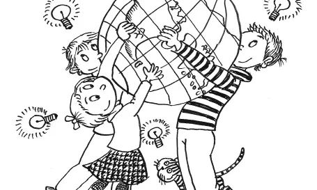 Il·lustració de Pilarín Bayés que presenta infants carregats d’idees per a un món millor.