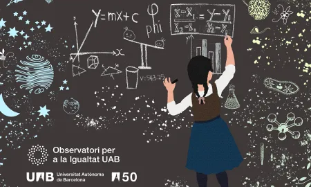 Il·lustració nena escrivint en una pissarra