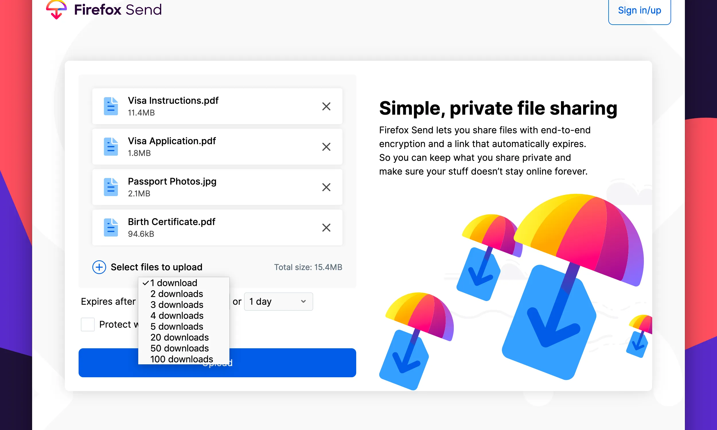 Captura de pantalla de Firefox Send
