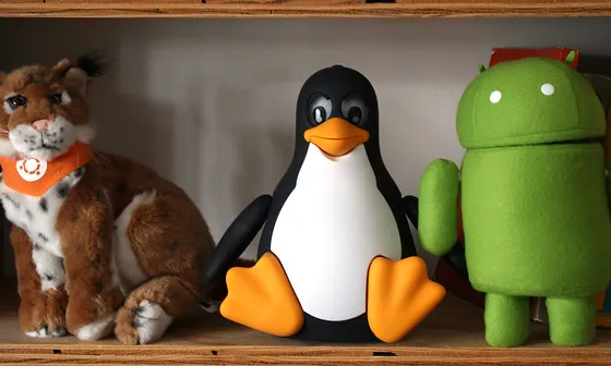 Fotografia d'un lleó, un tux i un android. 
