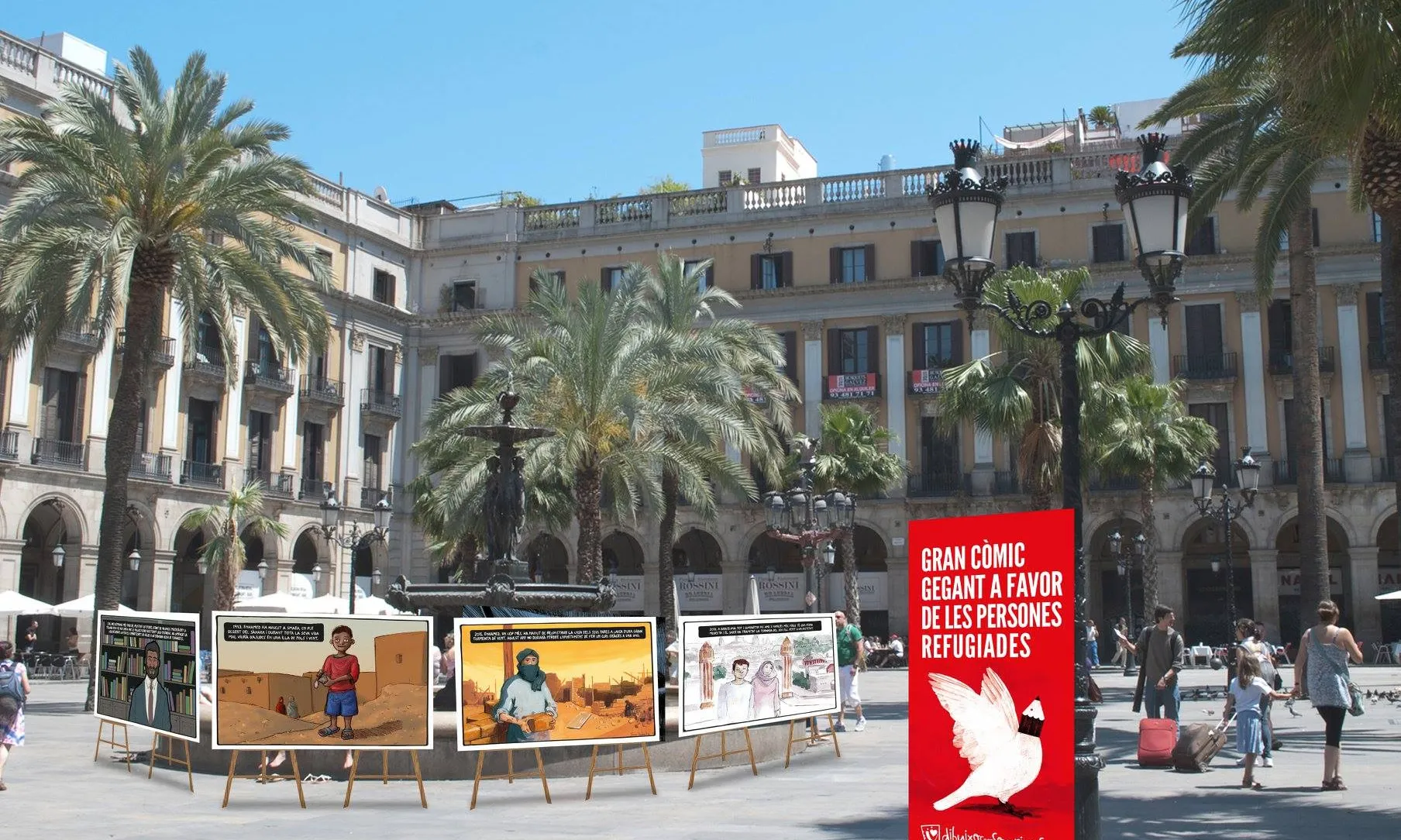 Còmic gegant en viu a la plaça Reial.