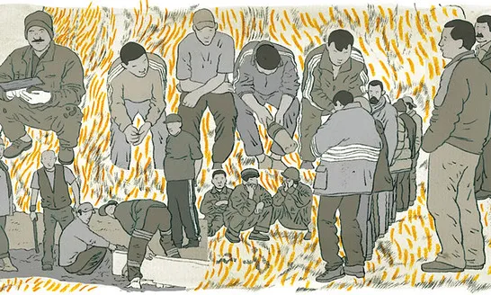 Il·lustració d'uns treballadors immigrants. Il·lustració de masha krasnova-shabaeva. Llicència d'ús CC BY-NC-ND 2.0