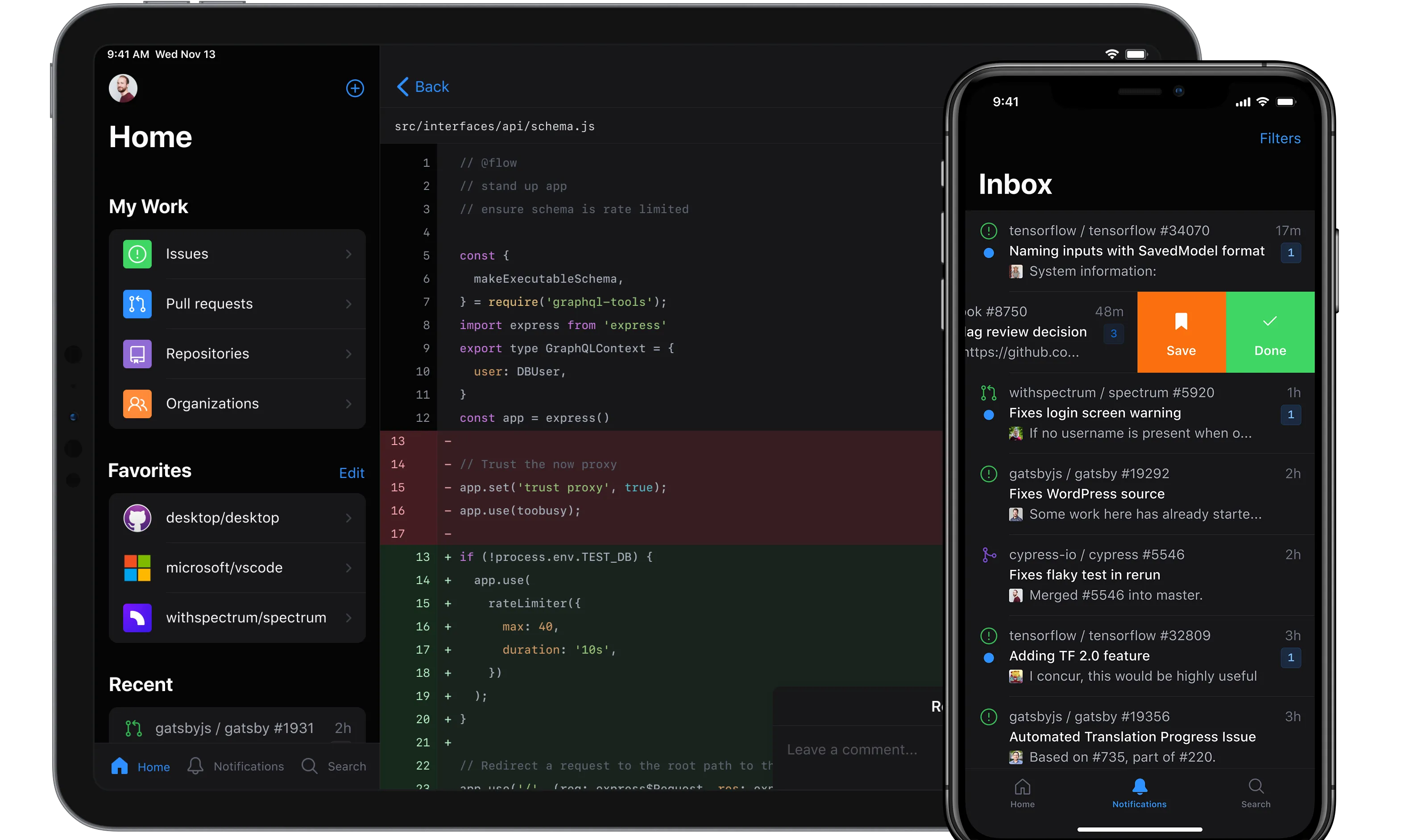 Fotografia de l'aplicació Github vista des de una tauleta. 