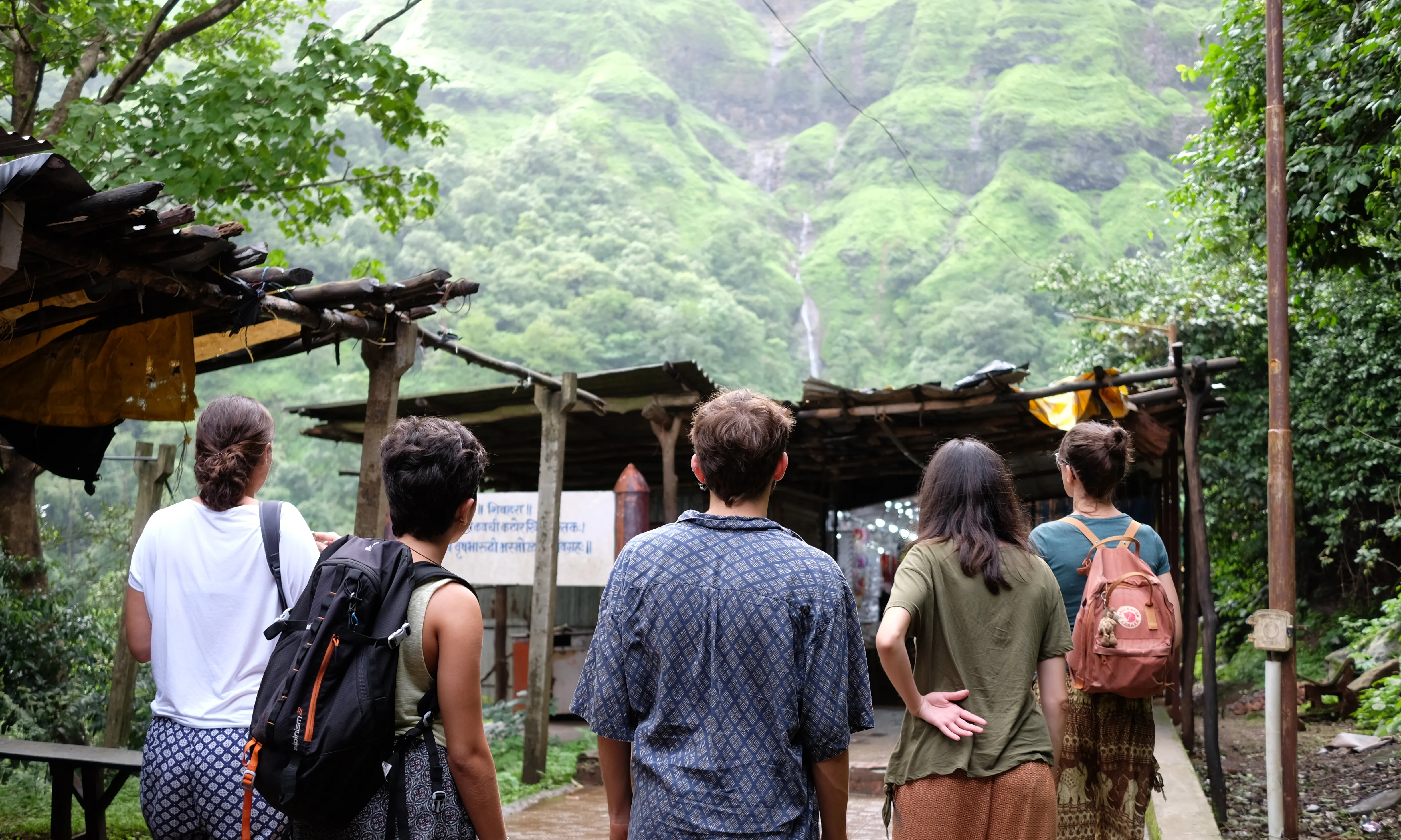 Quatre persones voluntàries observen la natura en un Camp de Solidaritat a la Índia.