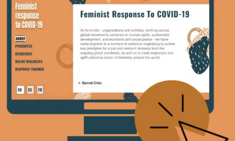 Il·lustració que mostra un ordinador amb el portal web Feminist Response to COVID-19