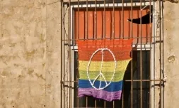 Bandera arc de sant martí amb el símbol de la pau. Font: Michelle Bonkosky