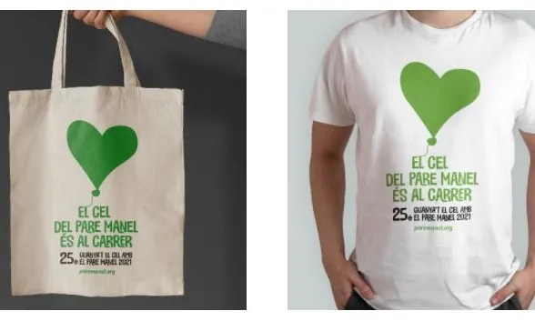 Es poden comprar bosses i samarretes solidàries amb la Fundació Pare Manel.