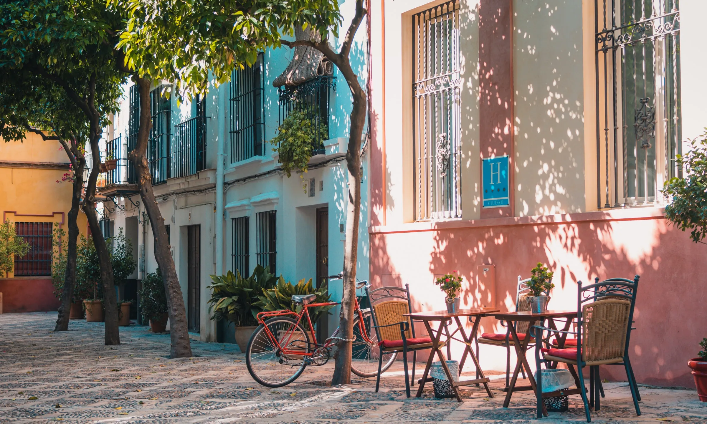 Terrassa d'hotel amb taula, cadires i una bicicleta recolzada a un arbre
