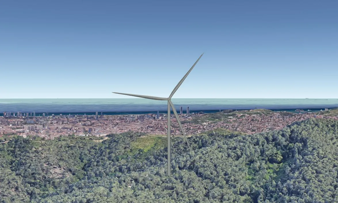 Imatge de Viure de l'Aire Barcelona per mostrar com es visualitzarien els dos aerogeneradors implantats al parc de Collserola.