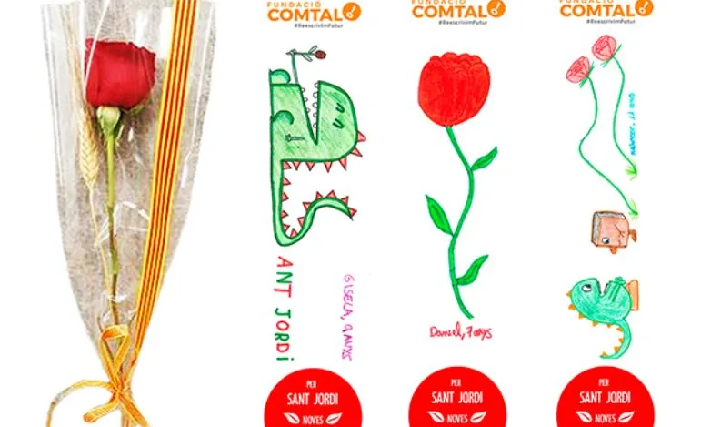Roses i punts de llibre amb dibuixos dels infants atesos per la Fundació Comtal.