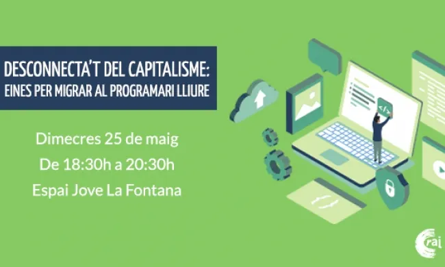 Cartell "Desconnecta’t del capitalisme: Eines per migrar al programari lliure"