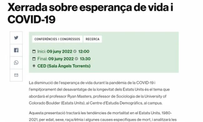 Captura de pantalla sobre la xerrada sobre esperança de vida i COVID-19. Font: UAB