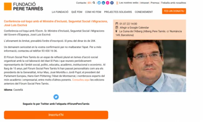 Captura de pantalla del fòrum social de la pàgina web Pere Tarrés sobre 'Conferència amb el Ministre d’Inclusió, Seguretat Social i Migracions'. Font: Fundació Pere Tarrés. 