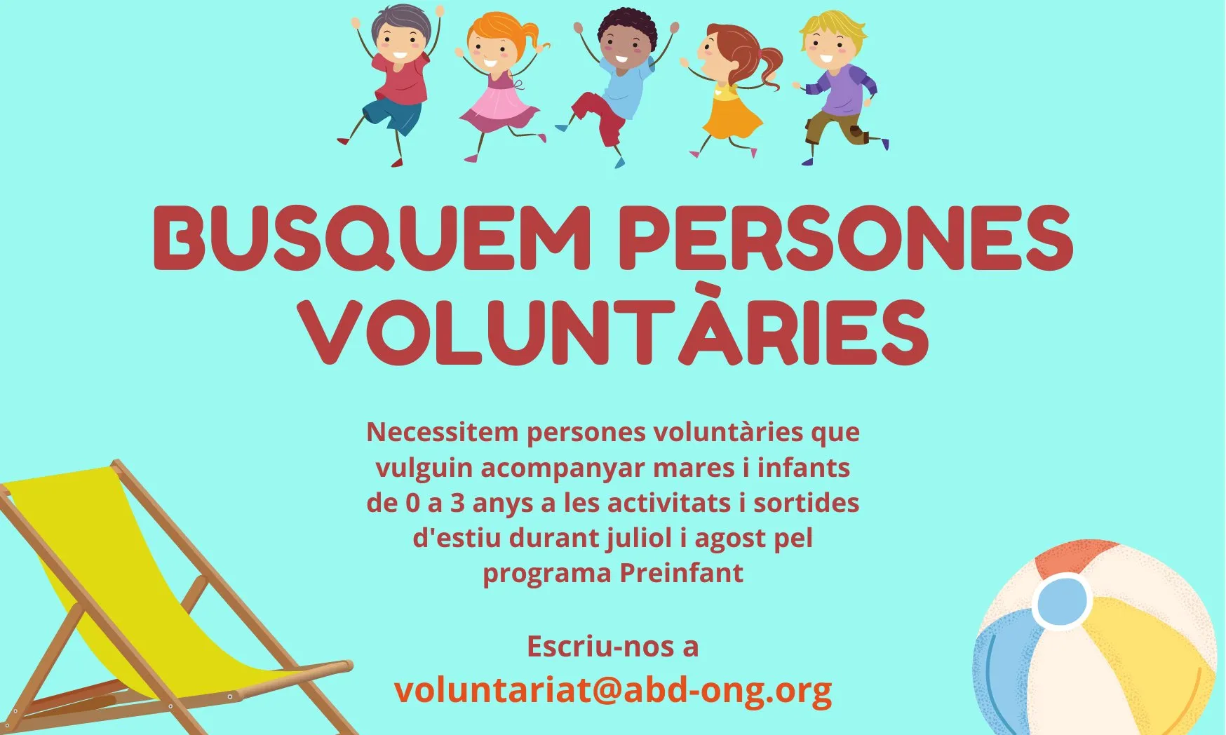 L'Associació Benestar i Desenvolupament busca persones voluntàries per acompanyar mares i infants de 0 a 3 anys en les activitats d'estiu.