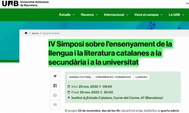 Captura de pantalla de l'apartat d'agenda de la pàgina web de la Universitat Autònoma de Barcelona. Font: UAB.