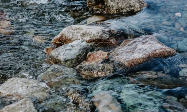 Detall de les roques d'un riu, en representació del riu Ripoll. Font: Llicència CC Unsplash