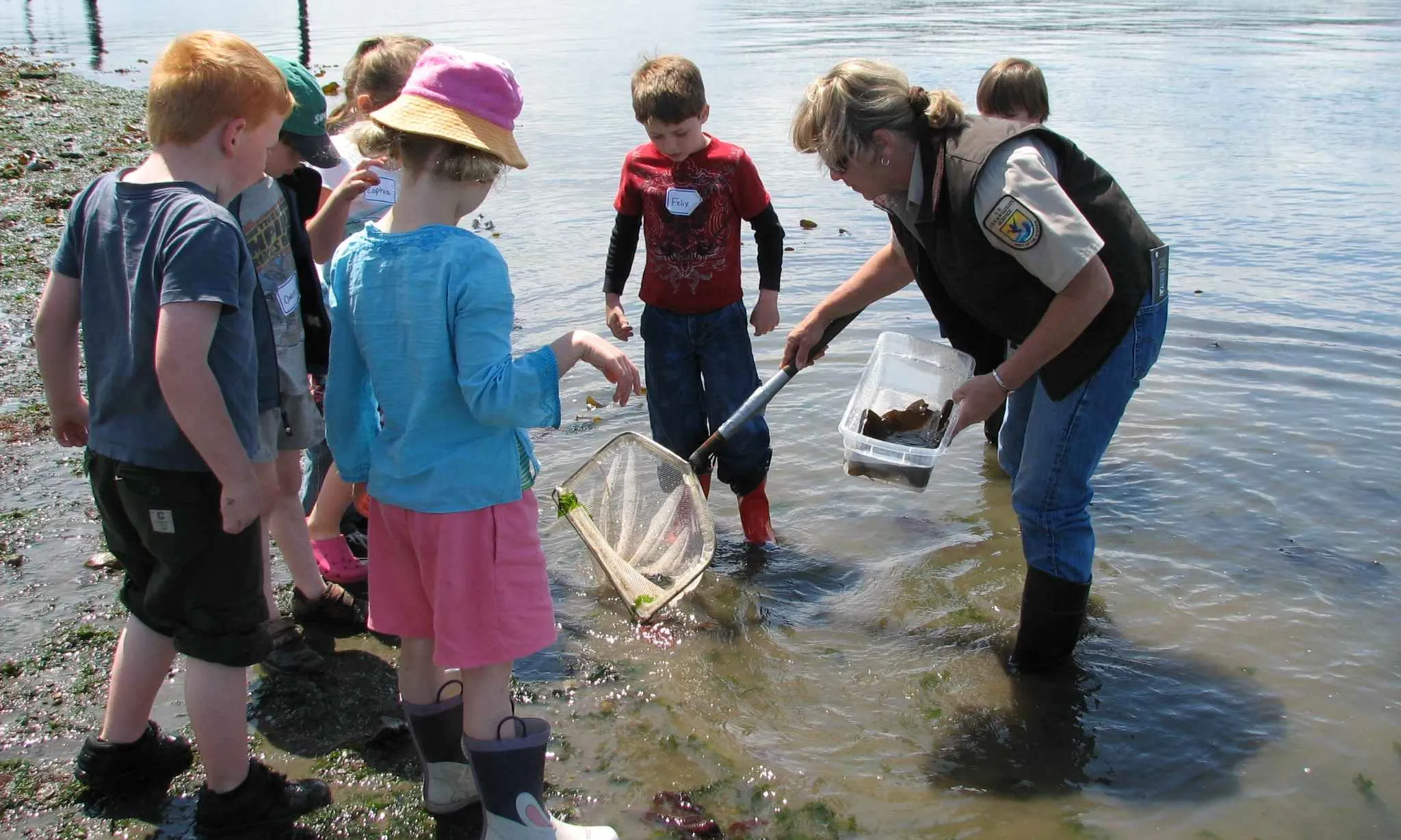 Nens escoltant i mirant a una educadora ambiental que està dins d'un llac