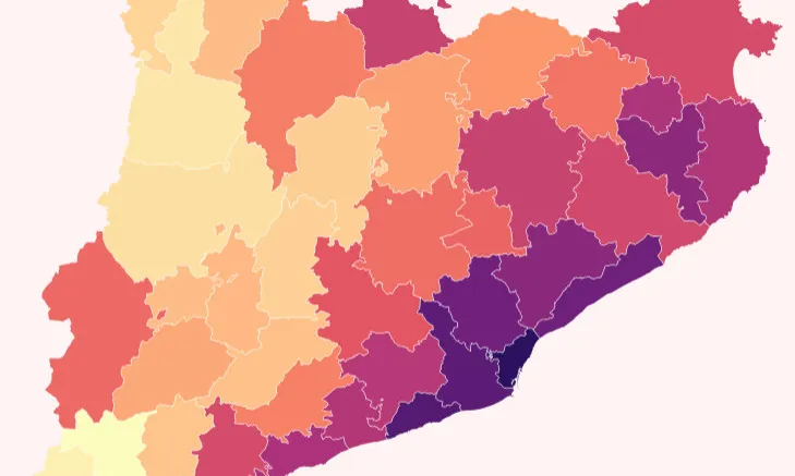 Imatge del mapa de preu mitjà del lloguer per comarques segons dades de l'INCASÒL.
