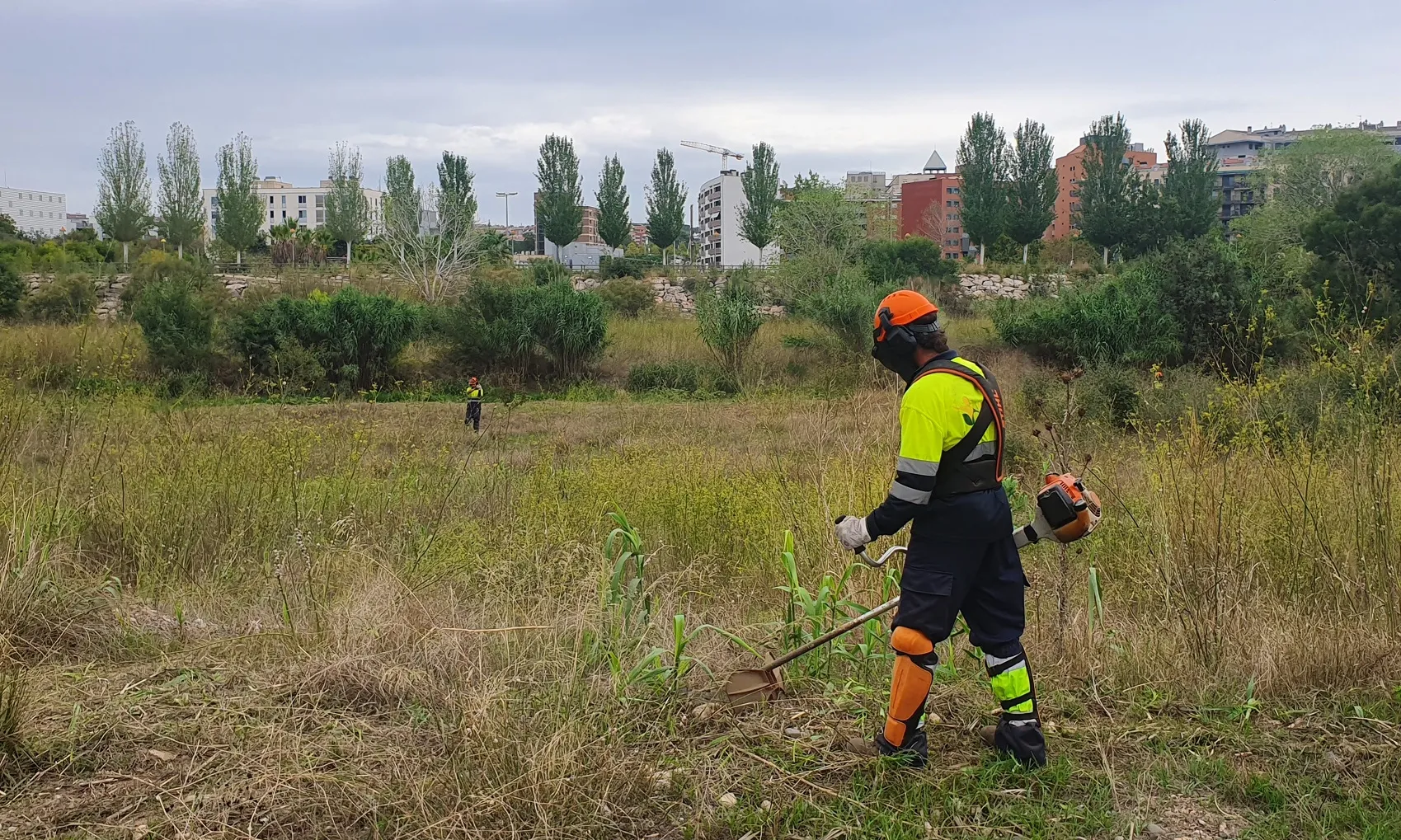 Usuària de l’Associació Aurora fent treballs de manteniment.