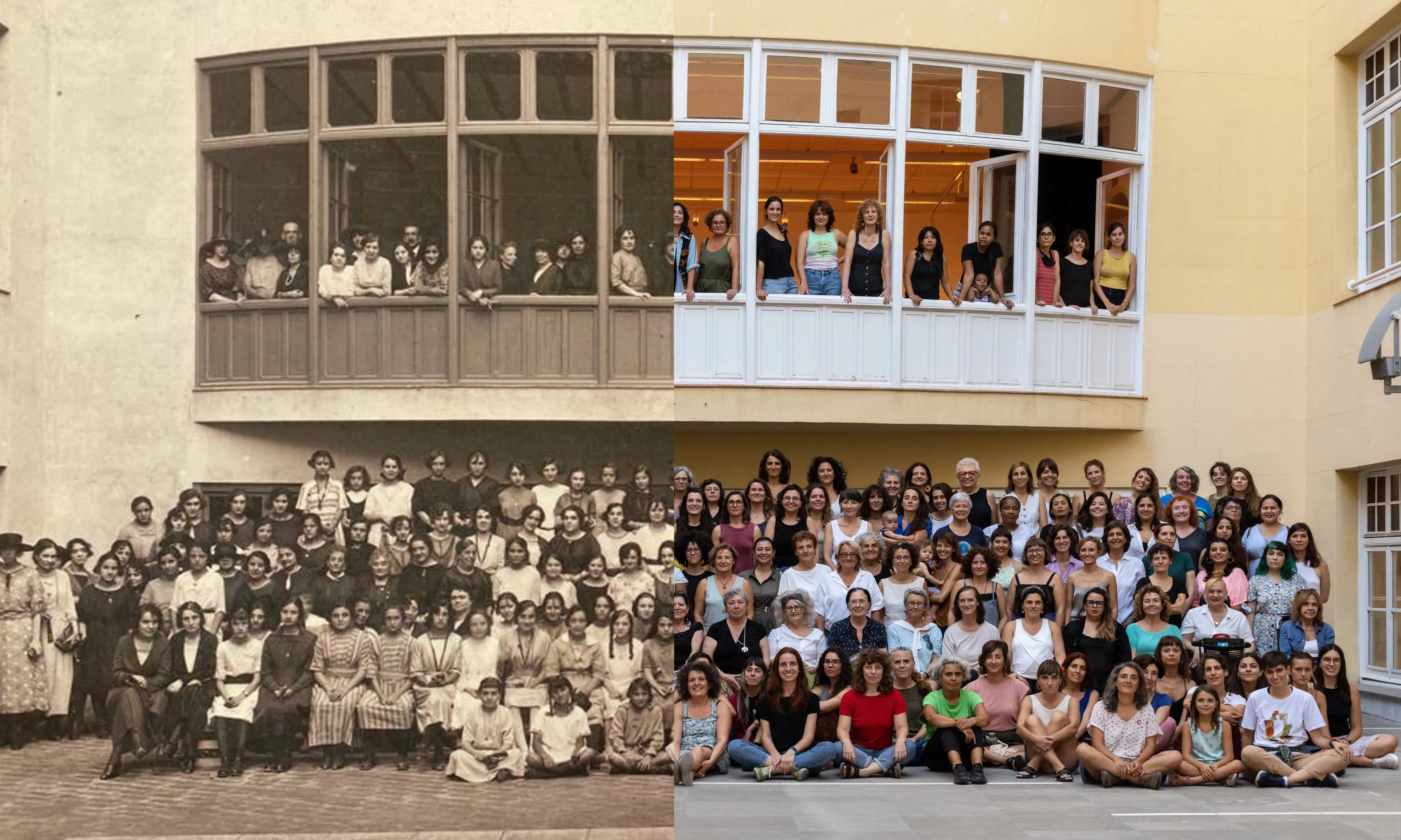 Gairebé 200 dones relacionades amb La Bonne es van recrear aquesta fotografia del 1922 per celebrar els 150 del naixement de la Francesca Bonnemaison. Font: Centre de Cultura de Dones Francesca Bonnemaison.