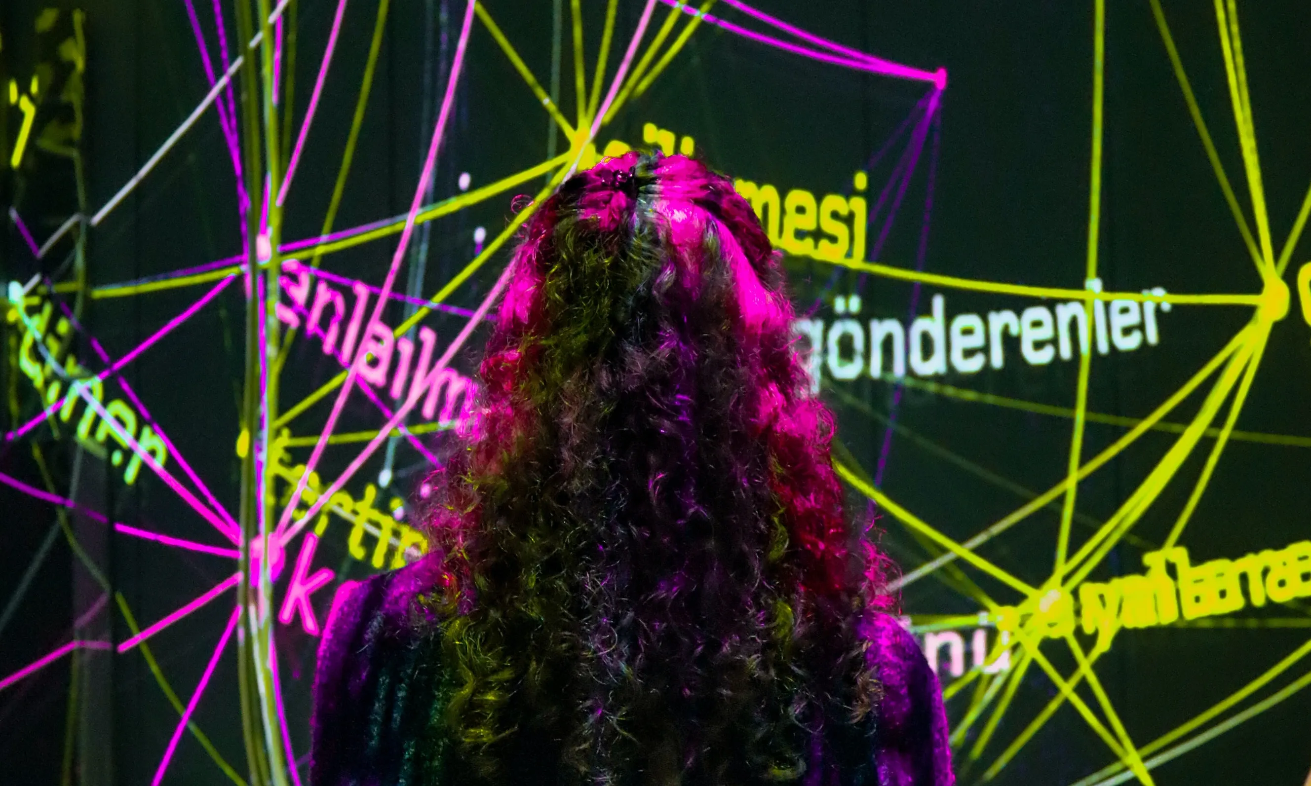 Noia d'eseuqena mirant un exposició sobre temes digitals. Font: Pexels - Ayşenur Sağlam