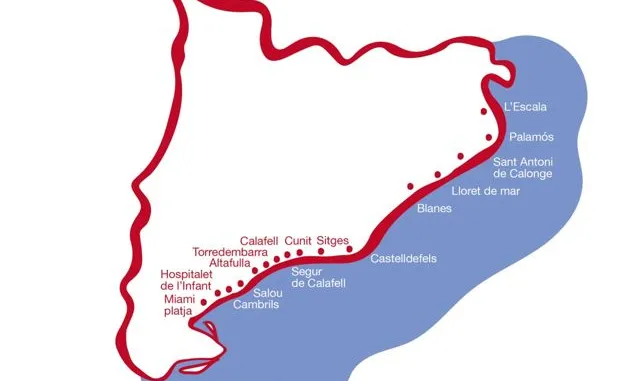 Mapa amb els poblacions de la costa catalana on hi haurà punts per fer donació de sang.
