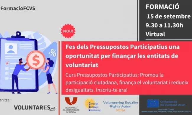 La sessió presenta els pressupostos participatius com a una oportunitat de finançament per a les entitats. Font: Federació Catalana de Voluntariat Social.