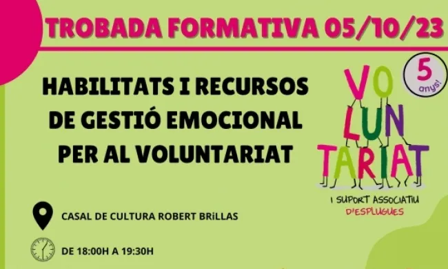 La formació és organitzada pel Punt de voluntariat i suport associatiu d'Esplugues de Llobregat. Font: Punt de voluntariat i suport associatiu d'Esplugues de Llobregat.