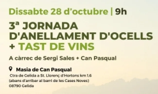 Cartell '3a jornada d'anellament d'ocells i tast de vins del Penedès'. Font: Naturalistes de Gelida