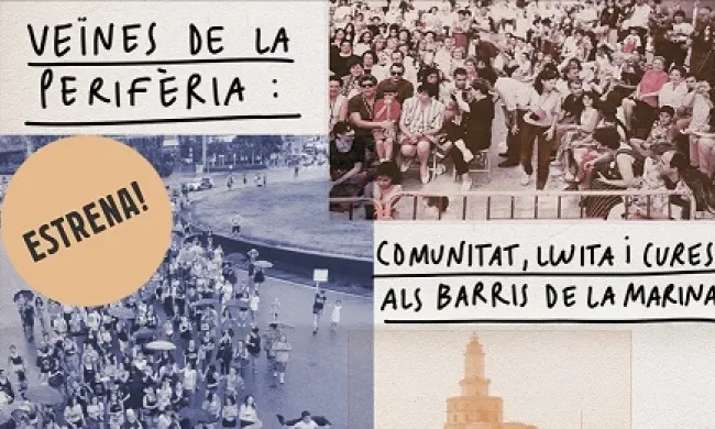 Cartell del documental on es poden veure les següents imatges: manifestació feminista pel 8M, grup de persones a la festa major del barri, far a l'antiga platja de Can Tunis i imatge familiar de 4 persones del barri. Es pot llegir el següent text: Veïnes de la perifèria: Comunitat, lluita i cures als barris de La Marina. Dijous 23 de novembre 18.30h a la Sala maremar Passeig de la Zona Franca, 56 - 64, 08038 Barcelona *Cal inscripció prèvia a la web del Centre Cívic Casa del Rellotge o www.cooperaccio.org. 