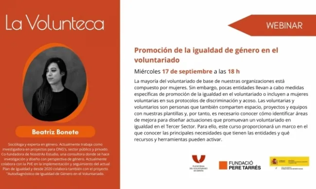 Cartell del webinar 'Promoción de la igualdad de género en el voluntariado' 