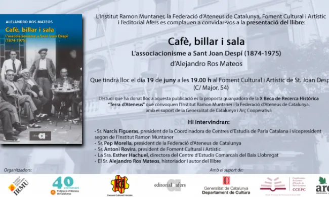 Cartell de la presentació del llibre 'Cafè, billar i sala. L'associacionisme a Sant Joan Despí (1874-1975)'