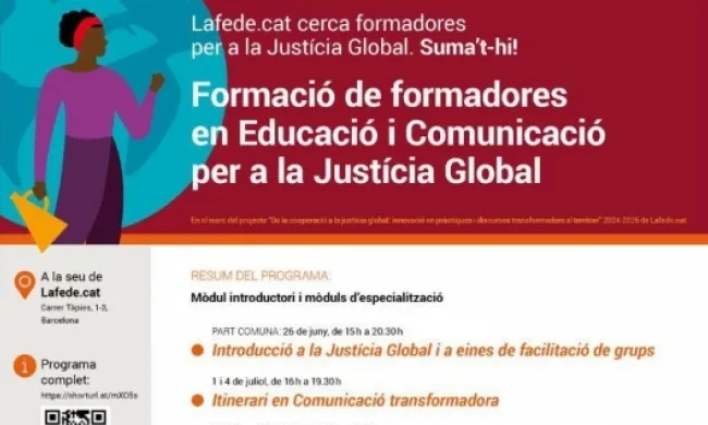 Cartell del cicle formatiu de lafede.cat, formació de formadores 'Educació i Comunicació per a la Justícia Global'.