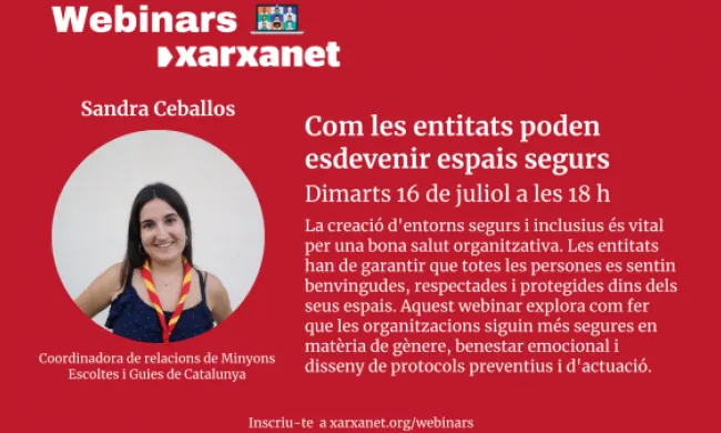 Cartell del webinar que anirà a càrrec de la coordinadora de relacions de Minyons Escoltes i Guies de Catalunya.