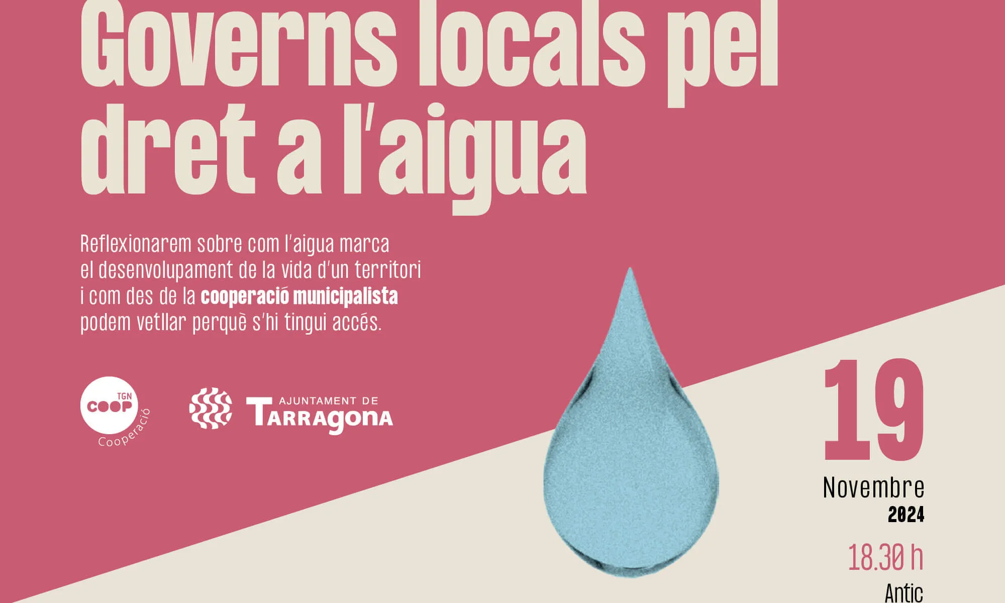 Títol de l'acte amb informació sobre el lloc i l'hora, i qui ho organitza. Hi ha la imatge d'una gota d'aigua