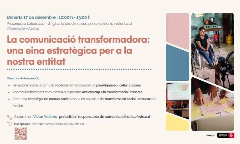 Cartell de la formació 'Comunicació transformadora: una eina estratègica per a la nostra entitat'. Font: Lafede.cat