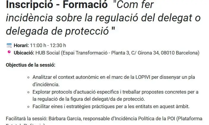 Formació  "Com fer incidència sobre la regulació del delegat o delegada de protecció "