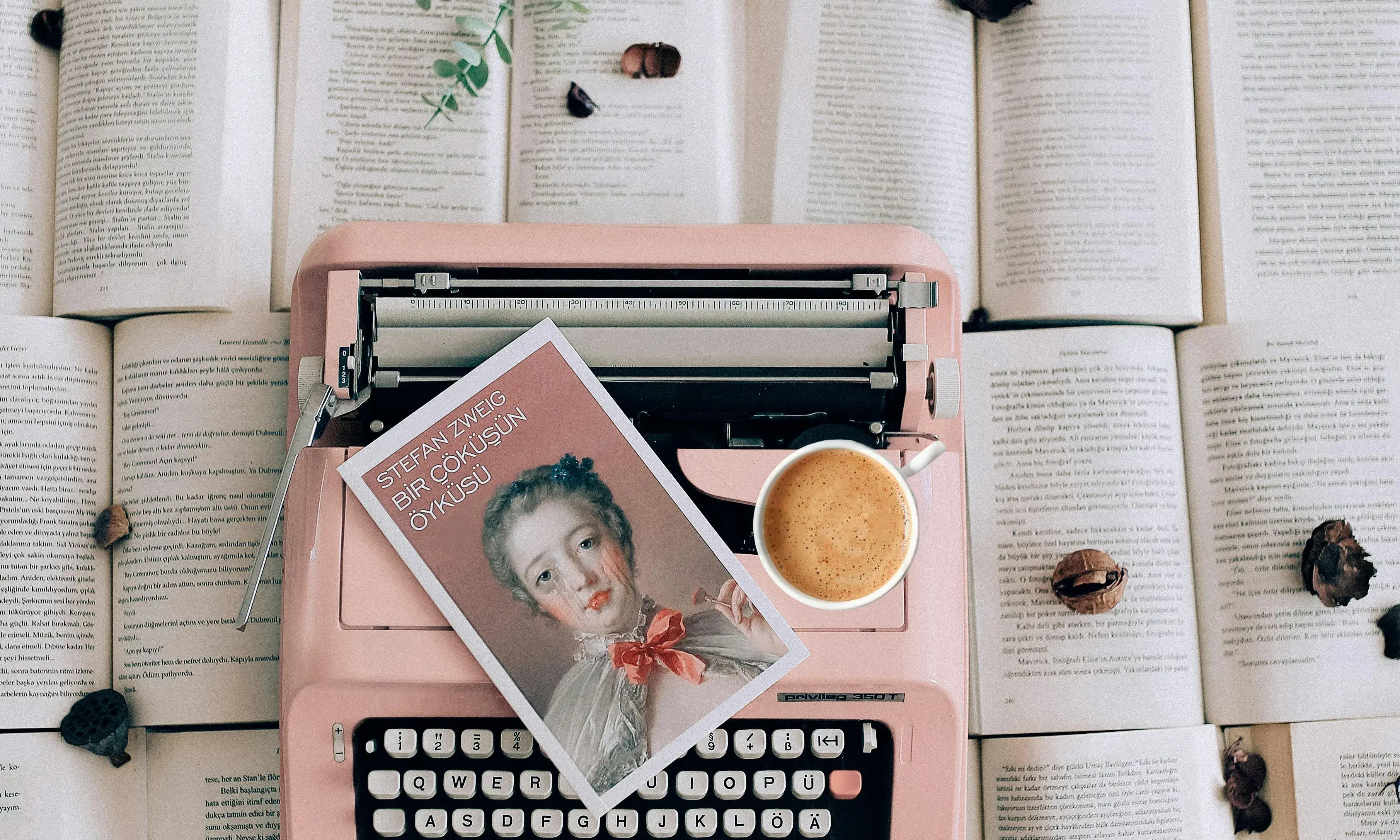 Llibres oberts amb màquina d'escriure de color rosa pal flors i  llibre amb portada romàntica