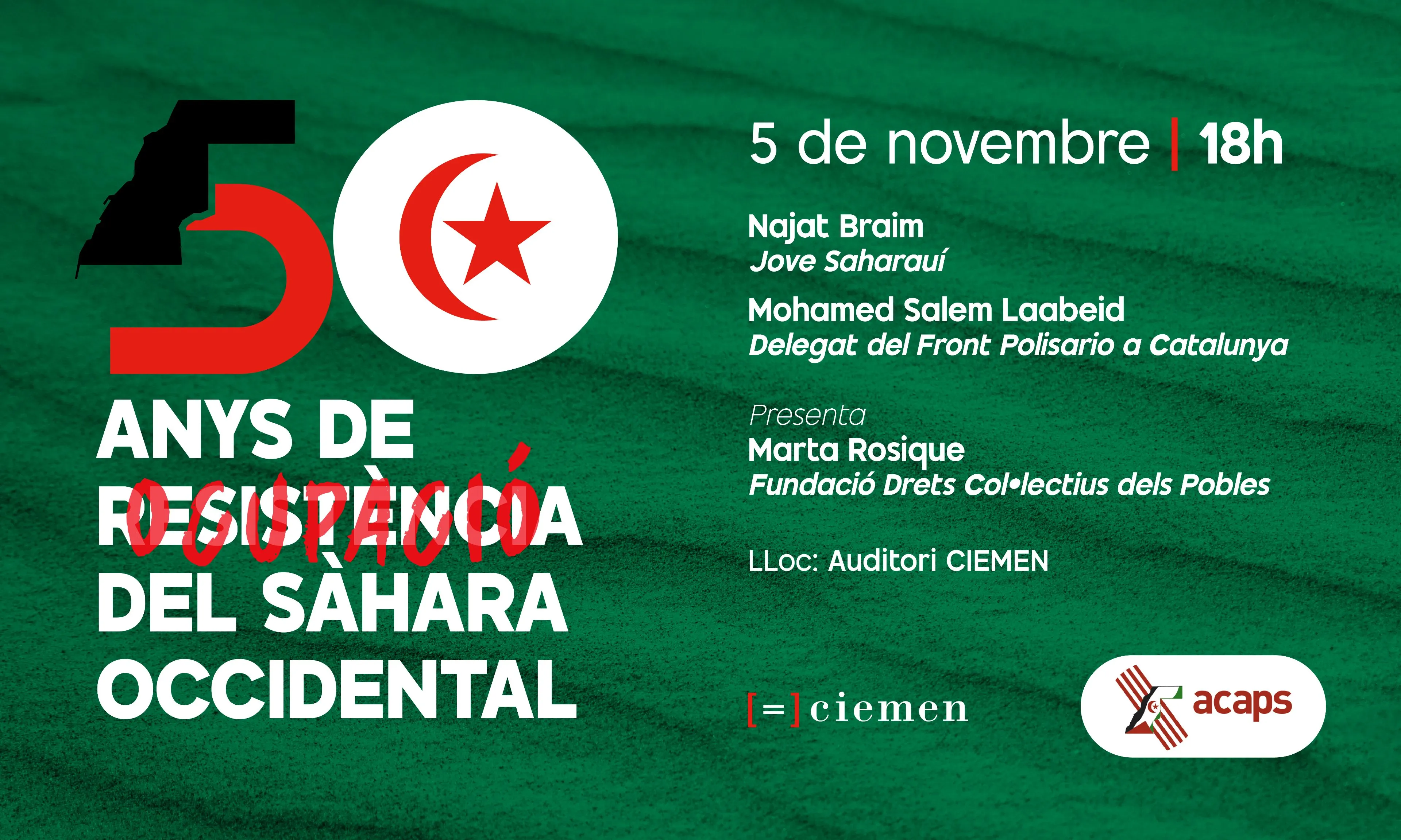 Cartell oficial de l'acte '50 anys d’ocupació del Sàhara Occidental'.