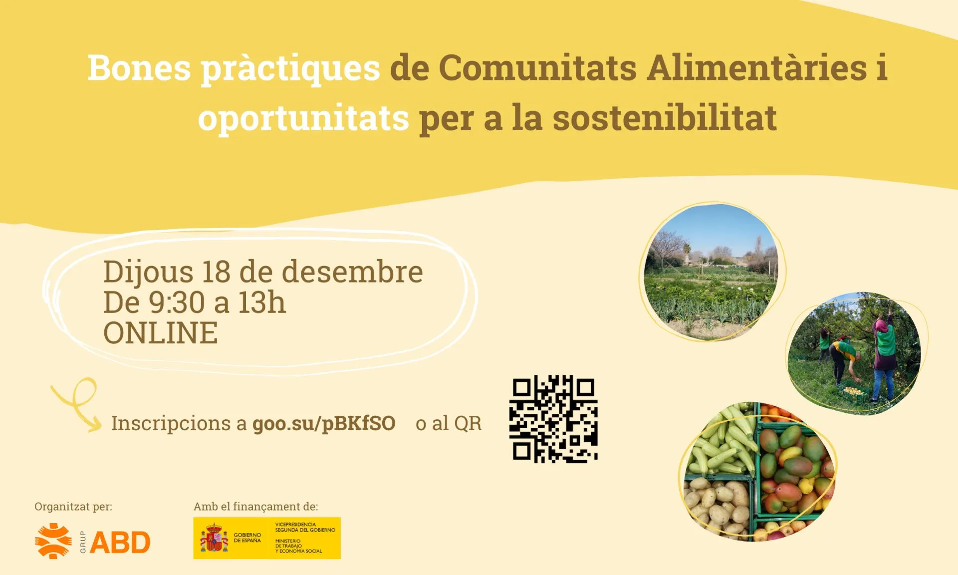 cartell de la jornada sobre Comunitats Alimentàries amb la data del 18 de desembre de 9:30 a 13h i les inscripcions