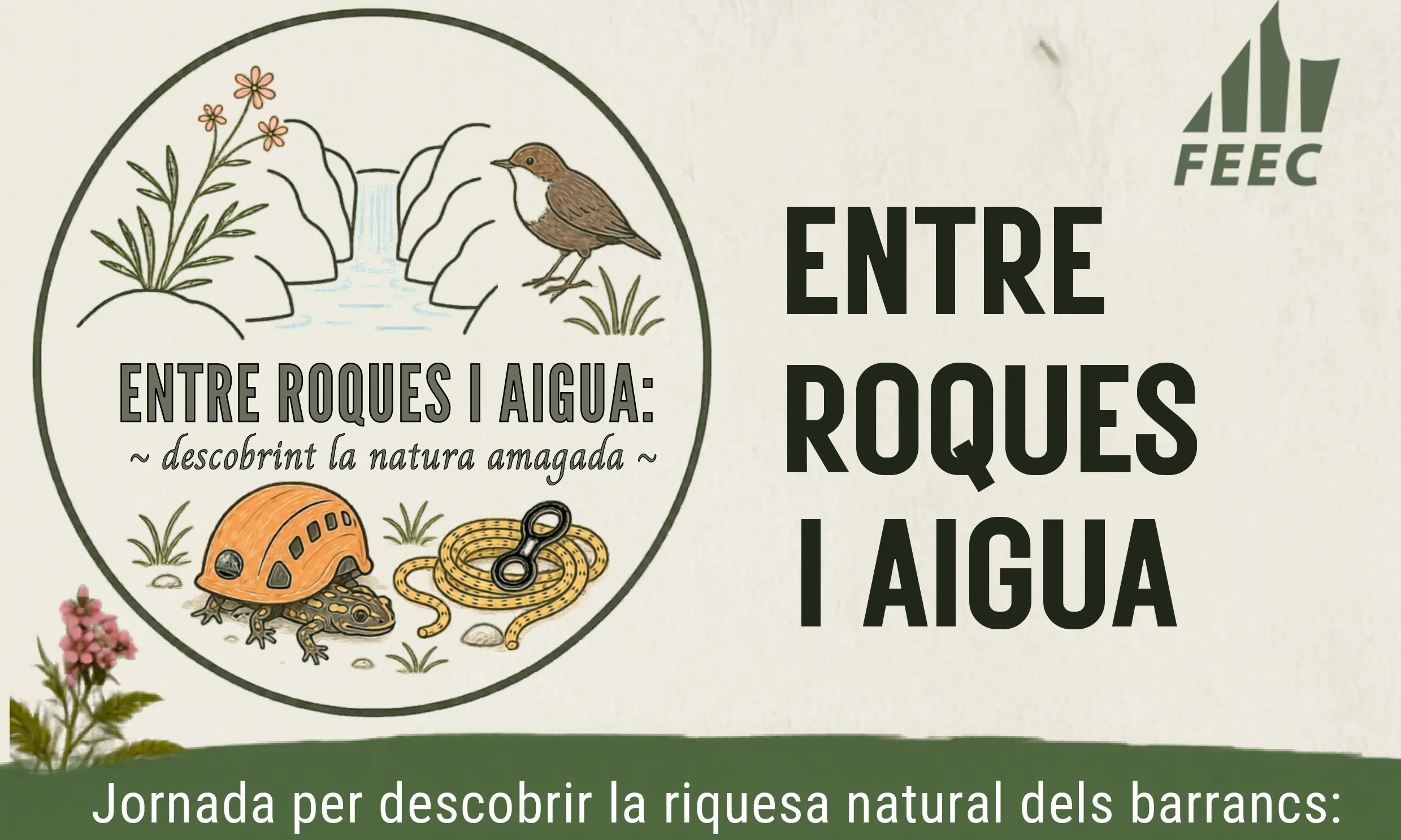 Cartell oficial de l'activitat 'Entre Roques i Aigua: una jornada per redescobrir els barrancs'.