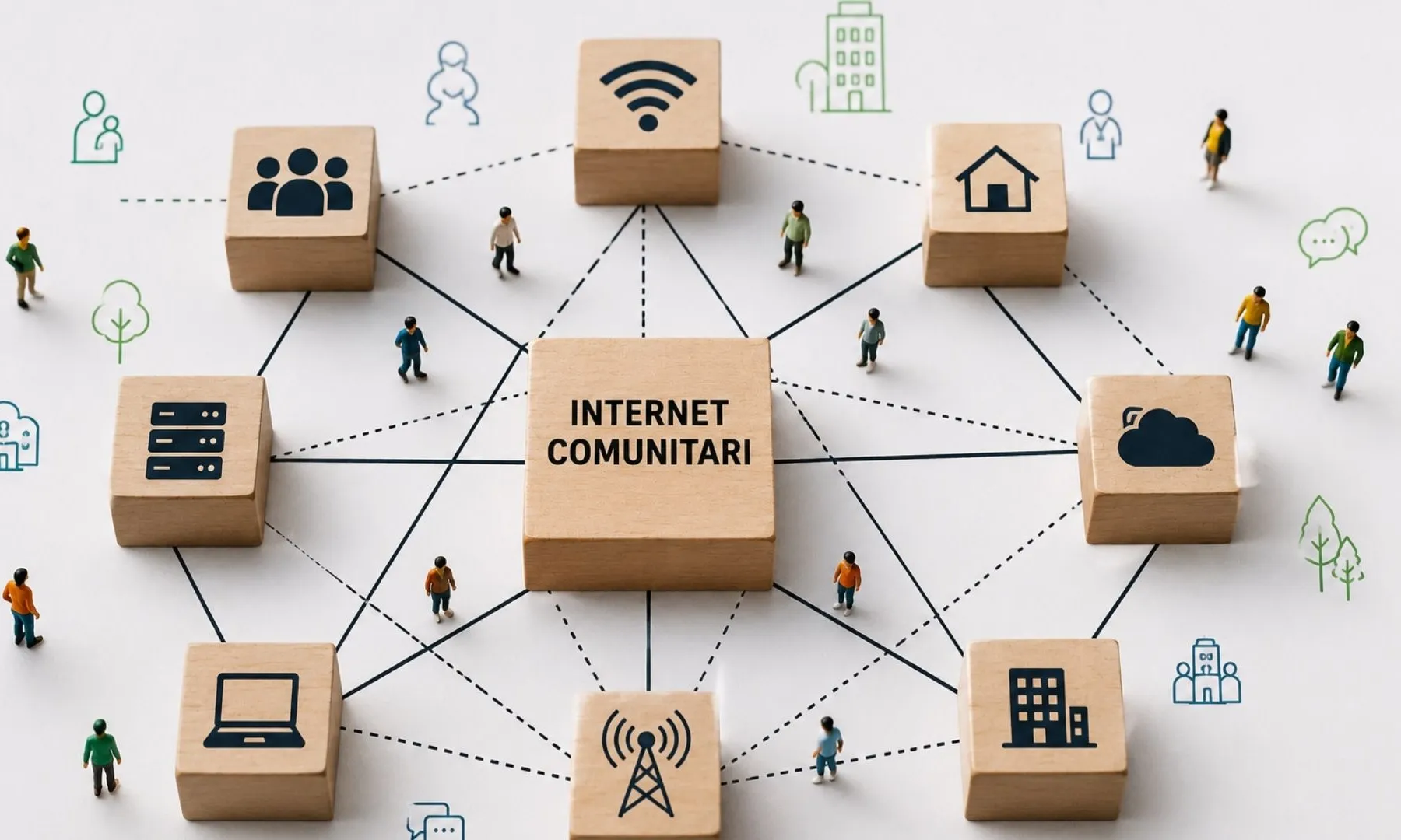 Il·lustració d'una xarxa de nodes connectats que simbolitza un model d'internet comunitari basat en la col·laboració, la governança compartida i el bé comú.