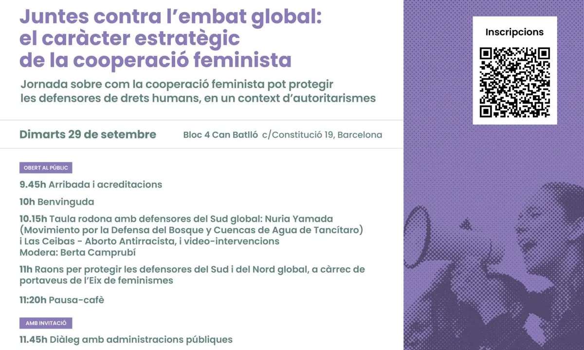 Cartell oficial de la jornada 'Juntes contra l'embat global: el caràcter estratègic de la cooperació feminista'.
