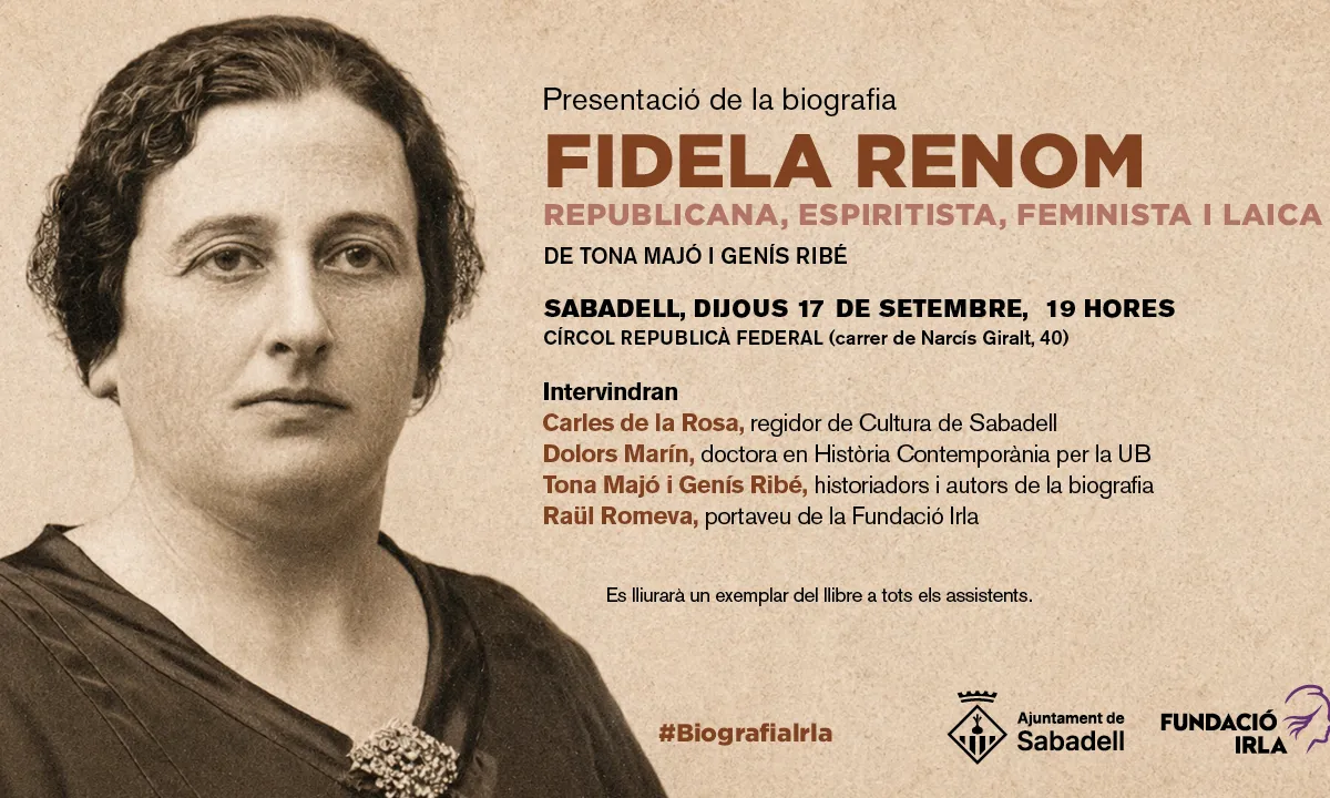 Cartell oficial de la presentació del nou estudi biogràfic 'Fidela Renom. Republicana, espiritista, feminista i laica'.
