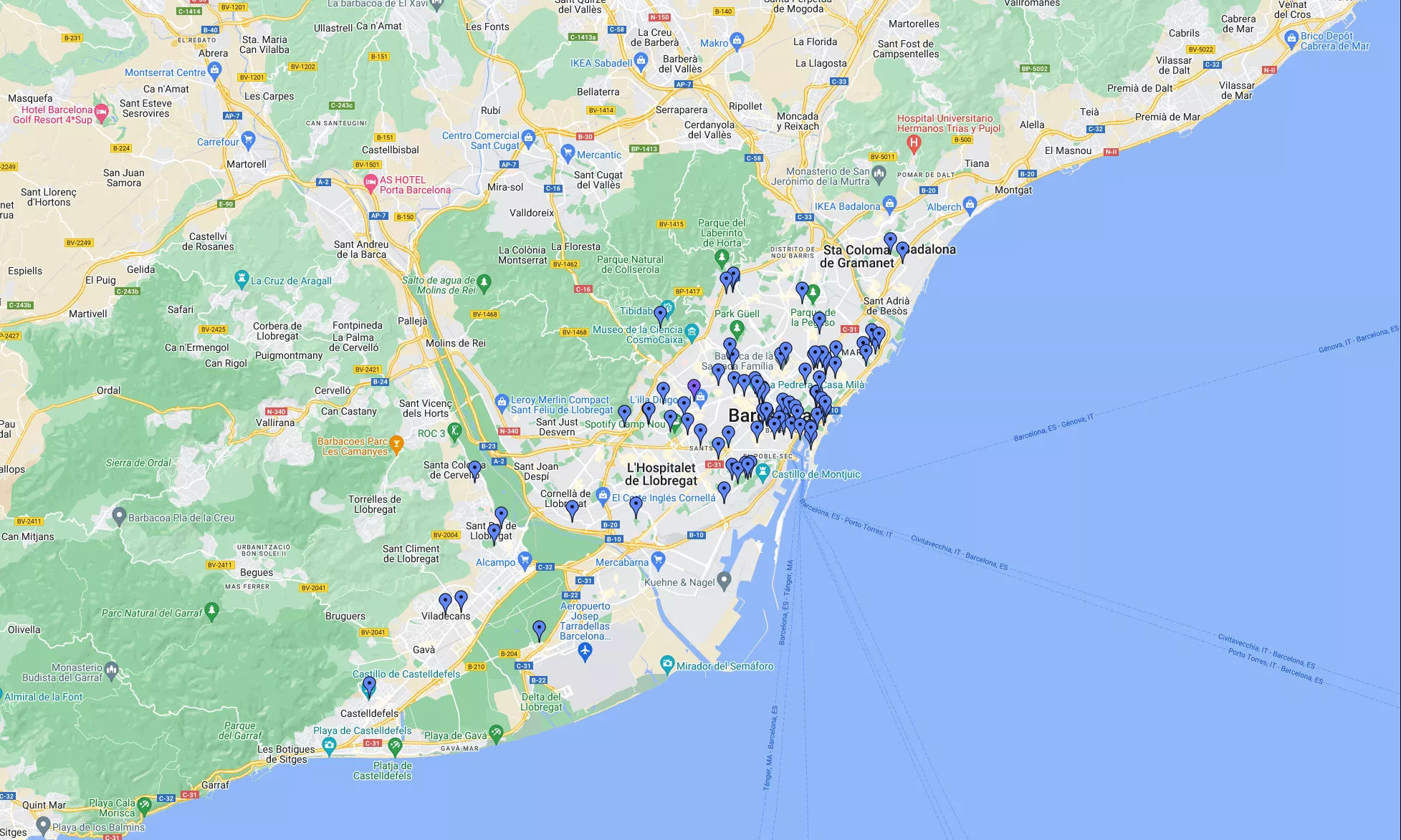 Punts assenyalats a un mapa de la zona de Barcelona i rodalies